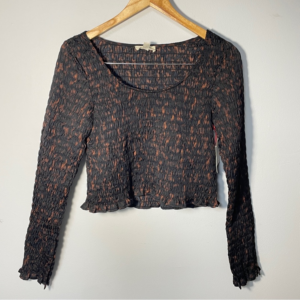 Open Edit Brown Black Long Sleeve‎ Ruched Crop Top women’s size Medium - Picture 2 of 13